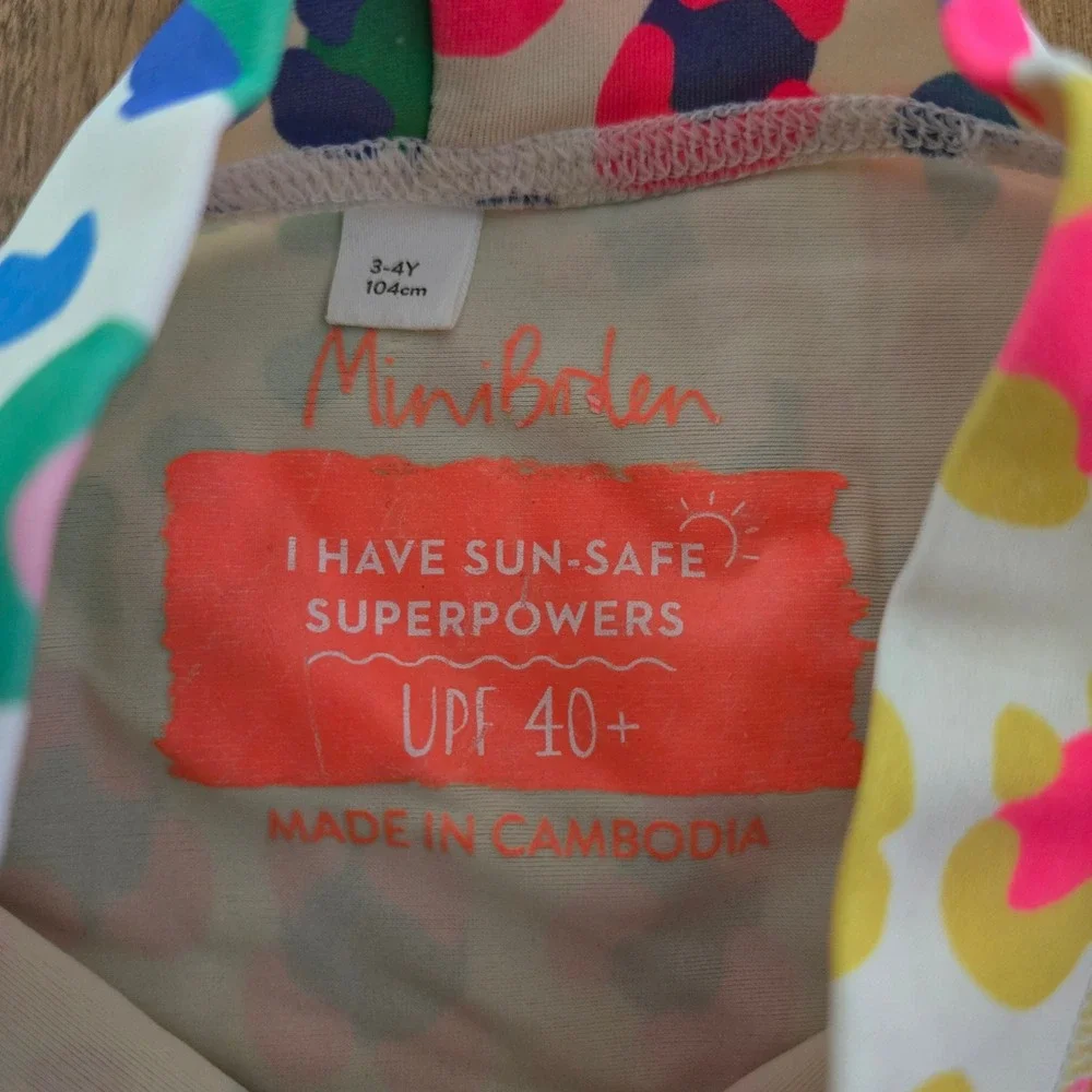 Mini Boden Kids Neon Leopard Print Rash Guard Long Sleeve Swim Top UPF 40+ 3-4Y